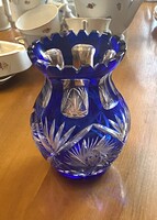 VASTAG, KÉK SZÍNŰ, METSZETT, RETRO ÜVEG VÁZA 16.5 CM
