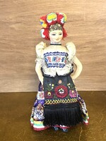 ANTIK HÍMZETT MATYÓ JÁTÉK BABA, FESTETT PAPÍRMASÉ FEJJEL 34 CM