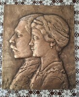 Nagyméretű bronz dombormű , relief , plakett  /  IV Károly és Zita királyné  ? /   20,5 x 23,5 cm