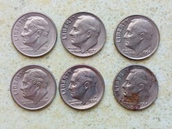 USA 6 db különböző 10 Cents, Roosevelt Dime. 1966-2003. Amerikai Egyesült Államok.