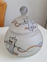 Üveg tároló edény fedéllel, átmérője a hasánál kb.16cm, magassága kb. 16cm