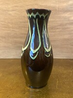 BARNA ALAPON SÁRGA CSÍKOS, RETRO, KERÁMIA VÁZA 26.5 CM