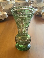 VASTAG, ZÖLD SZÍNŰ, METSZETT, RETRO ÜVEG VÁZA 22.5 CM