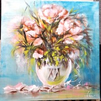 "RÓZSASZÍN-virágcsendélet."festmény feszitett vásznon 50x 50 cm