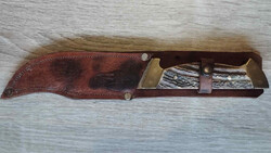 Régi agancsnyelű vadászkés, vadásztőr, bőr tokban