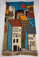 Város látkép fali szőnyeg , falikárpit retro régi subázott kézimunka 120x64cm