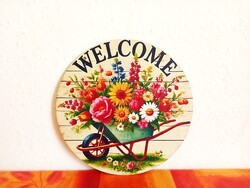 Ajtódísz, fa üdvözlő tábla, fali dekoráció virág mintával, átmérő 20 cm