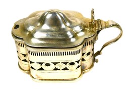 Vintage, szecessziós kék üvegbetétes ezüstözött fedeles mustártartó