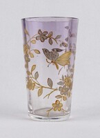 1W500 Antik, kézzel festett, lepke és virág mintás fújt üveg pohár 9.8 cm