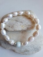 Nagy szemű,édesvizí tenyésztett gyöngy karkötő,Larimar golyóval