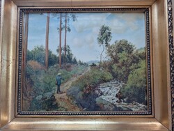Hans Thoma Der wanderer im Schwarzwald című festményének nyomata aranyozott keretben