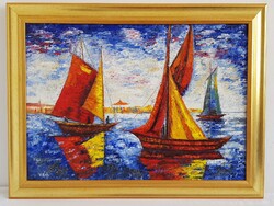 Vén Emil - Vitorlások Képcsarnokos olajfestmény 70x50cm