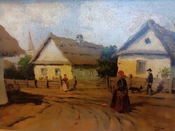 Nyugalmat sugárzó, rendezett falusi utcakép . Weisz J szignóval/festmény/èletkèp