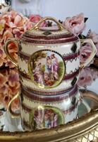 Gyönyörű, alt wien jellegű, zsáner képes porcelán cukor tartó, dús aranyozással