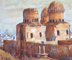 Kairó, XX. század eleje - orientalista olajfestmény, Kertész Pálnak dedikálva - Egyiptom, mauzóleum