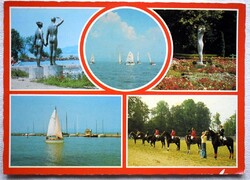 Balaton  -  retro mozaik  képeslap  vitorlás , lovasok