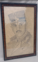 Horváth Géza (1879-1948) Katonatiszt portréja, grafika, fa keretben üveglap alatt 1930-40 körül