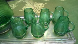 7 db-os Retro smaragdzöld fonalas likőrös üvegkészlet: kancsó és 6 füles pohár. hibátlan