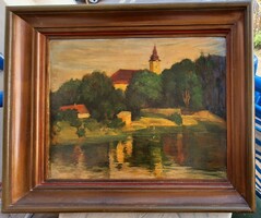 Ruzicskay György: Vízpart templomtoronnyal, 1924 (olajfestmény vastag barna keretben) tájkép