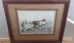 Szignózott rézkarc szántás 33x27 cm kerettel
