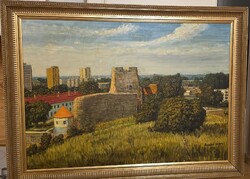 Szabó Lajos (1927-1995): Városrészlet várral festménye, 50x70, olaj, vászon
