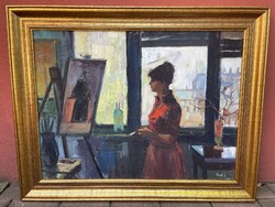 Bod László múzsa nő leány műteremben életkép modern festmény kép