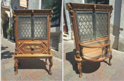 Antik kombinált tv- és bárszekrény forgó elemmel kovácsoltvas ajtóval figurális díszítéssel