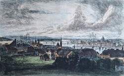 Élesdy István: Látkép az Országházzal (nagyméretű színezett rézkarc) Budapest, Panoráma Budáról