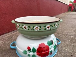 Gyönyörű Csepel zöld színű dombornyomott virág mintás zománcos zománcozott Csepel tál