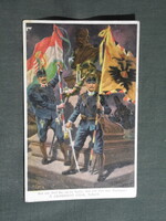 Képeslap,litho,Osztrák Magyar hadsereg,csataképes,Ferenc József,katona,huszár,zászló,1915-