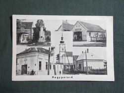 Képeslap,Nagypeterd,templom,Faragó Ferenc üzlet,kocsma,vendéglő,emlékmű,utca látkép,részlet,1935-