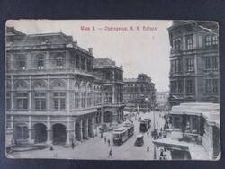 Régi képeslap Bécs, Operngasse, K.K. Hofoper - utcakép villamosokkal 1918