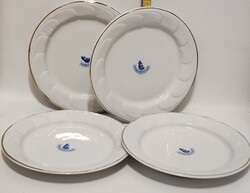 Hollóházi "Takarékszövetkezet" logós, arany csíkos reklám porcelán kistányér 4 db (3558)