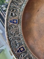 Régi réz/ bronz kézműves tál, tűzzománc díszítéssel