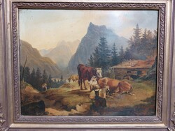 Német-alföldi olaj festmény 1849-ből, szignált, 28 x 37 cm-es. 1412