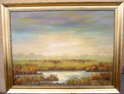RÉTI MÁTYÁS: Legelésző ménes OLAJFESTMÉNYE ELADÓ (60 CM X 80 CM)