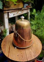 Régi réz tárolóedény  - oltóedény vagy hamutároló  porcelán fogóval