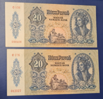 2 darab HÚSZ PENGŐ 1941. JANUÁR 15. GYŰJTEMÉNYES DRABOK !.(35)