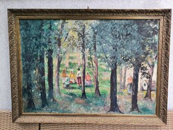 Antique János Lajos Tihanyi Painting, Landscape with Mushroom Pickers in the Forest. Video!!!