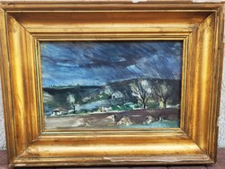 Kokas Ignác (1926 - 2009): Táj II. / Tájkép akvarell KÉPCSARNOKOS CÍMKÉVEL!