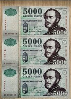 5.000- Forintos MINTA bankjegy 2008-as évjáratú UNC alacsony sorszám követő 3-db egyben!