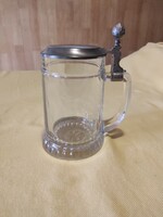 Német, ónfedeles üveg sörös korsó