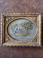 Tájkép keretben, osztrák, 1900 körül, tűgobelin 10*12,5 cm