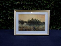 Végh Endre (1938-2024): Vadászat, pasztell kép, 45x65 cm, üveg alatt, kiváló állapotban