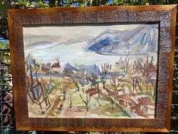 Uhrig Zsigmond Dunakanyar akvarell 36x51 cm olasz ezüst-vulkán-mahagóni képkeret külm: 47x62 cm