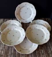 6 DB RÉGI PAJZS JELZETT ZSOLNAY LAPOS TÁNYÉR KÉSZLET PIROS,SÁRGA SZÓRT VIRÁGMINTÁVAL