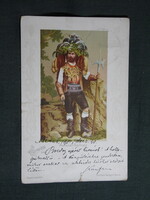 Képeslap,litho,Olaszország,Merano,Meraner Saltner,sósmester,szőlősgazda,tolvajriasztó öltözet,1905-