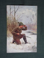 Képeslap,művészet,vadászat,erdész,vadász,fegyver, 1912-