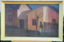 Bencs Gábor (1936-) - "Táj" / Utcakép c. Festmény EREDETI KÉPCSARNOKOS CÍMKÉVEL!