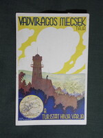 Képeslap,Pécs,artist,Vadvirágos Mecsek tája,túrizmus,MÁV Királyi vasút,Klösz György kiadás, 1948